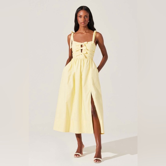 ASTR The Label Helia Bow Front Midi Dress in Lemon - Picture 2 of 4